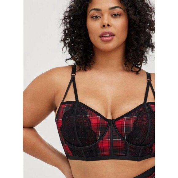 Torrid Bra Red Black Plaid Longline Bralette Sz 00 Medium 10 12 Underwire Boned - Picture 1 of 13